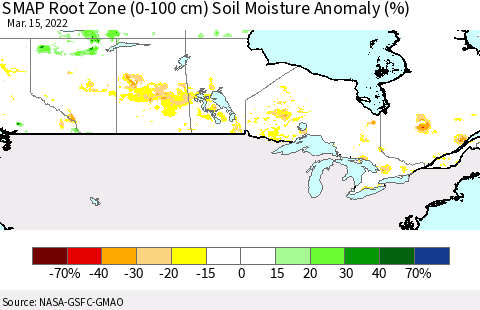Canada SMAP Root Zone (0-100 cm) Soil Moisture Anomaly (%) Thematic Map For 3/11/2022 - 3/15/2022