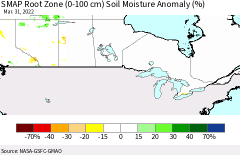 Canada SMAP Root Zone (0-100 cm) Soil Moisture Anomaly (%) Thematic Map For 3/26/2022 - 3/31/2022