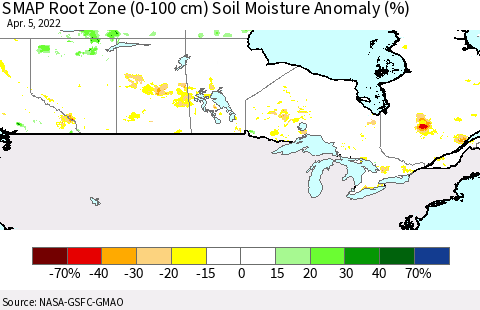 Canada SMAP Root Zone (0-100 cm) Soil Moisture Anomaly (%) Thematic Map For 4/1/2022 - 4/5/2022