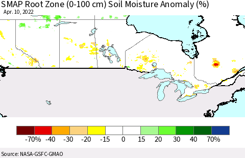 Canada SMAP Root Zone (0-100 cm) Soil Moisture Anomaly (%) Thematic Map For 4/6/2022 - 4/10/2022