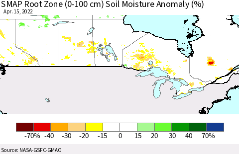 Canada SMAP Root Zone (0-100 cm) Soil Moisture Anomaly (%) Thematic Map For 4/11/2022 - 4/15/2022