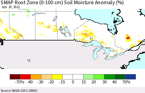 Canada SMAP Root Zone (0-100 cm) Soil Moisture Anomaly (%) Thematic Map For 4/16/2022 - 4/20/2022