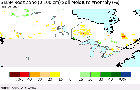 Canada SMAP Root Zone (0-100 cm) Soil Moisture Anomaly (%) Thematic Map For 4/21/2022 - 4/25/2022