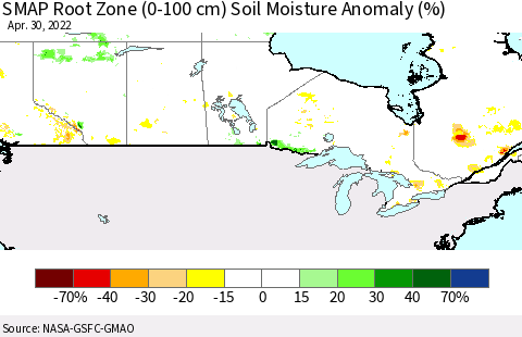 Canada SMAP Root Zone (0-100 cm) Soil Moisture Anomaly (%) Thematic Map For 4/26/2022 - 4/30/2022