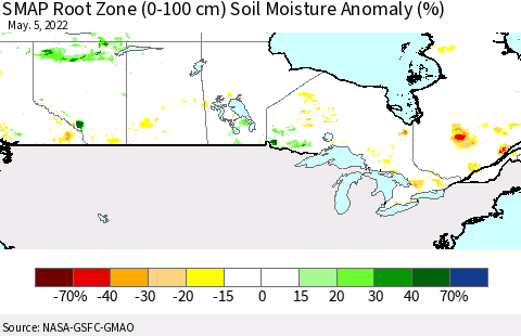 Canada SMAP Root Zone (0-100 cm) Soil Moisture Anomaly (%) Thematic Map For 5/1/2022 - 5/5/2022