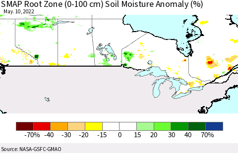 Canada SMAP Root Zone (0-100 cm) Soil Moisture Anomaly (%) Thematic Map For 5/6/2022 - 5/10/2022