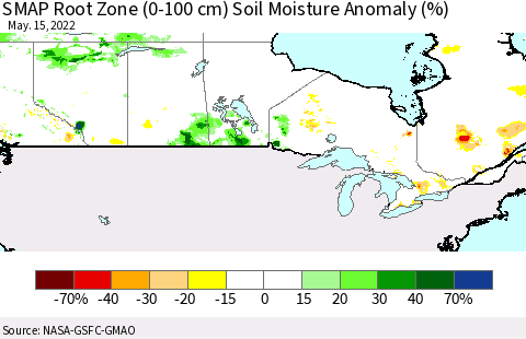 Canada SMAP Root Zone (0-100 cm) Soil Moisture Anomaly (%) Thematic Map For 5/11/2022 - 5/15/2022