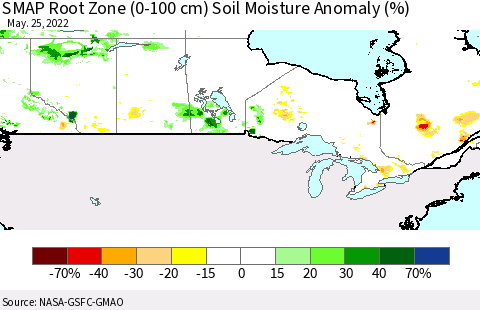 Canada SMAP Root Zone (0-100 cm) Soil Moisture Anomaly (%) Thematic Map For 5/21/2022 - 5/25/2022