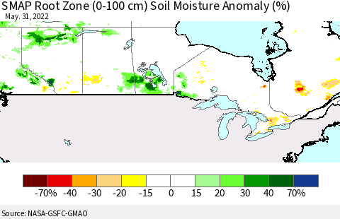 Canada SMAP Root Zone (0-100 cm) Soil Moisture Anomaly (%) Thematic Map For 5/26/2022 - 5/31/2022
