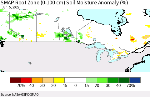Canada SMAP Root Zone (0-100 cm) Soil Moisture Anomaly (%) Thematic Map For 6/1/2022 - 6/5/2022