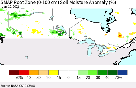 Canada SMAP Root Zone (0-100 cm) Soil Moisture Anomaly (%) Thematic Map For 6/6/2022 - 6/10/2022