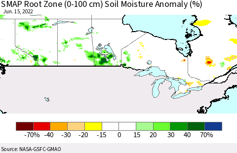 Canada SMAP Root Zone (0-100 cm) Soil Moisture Anomaly (%) Thematic Map For 6/11/2022 - 6/15/2022