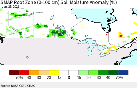 Canada SMAP Root Zone (0-100 cm) Soil Moisture Anomaly (%) Thematic Map For 6/21/2022 - 6/25/2022