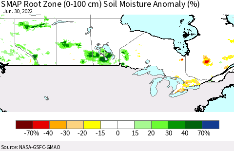 Canada SMAP Root Zone (0-100 cm) Soil Moisture Anomaly (%) Thematic Map For 6/26/2022 - 6/30/2022