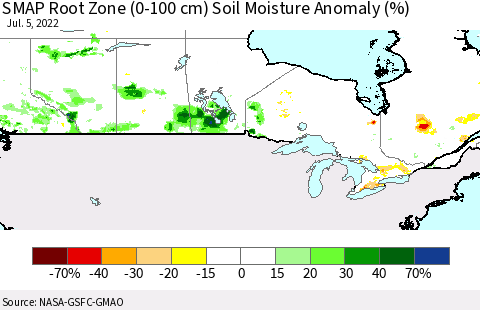 Canada SMAP Root Zone (0-100 cm) Soil Moisture Anomaly (%) Thematic Map For 7/1/2022 - 7/5/2022