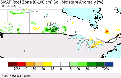 Canada SMAP Root Zone (0-100 cm) Soil Moisture Anomaly (%) Thematic Map For 7/11/2022 - 7/15/2022