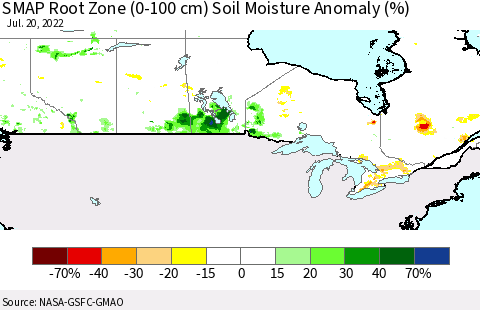 Canada SMAP Root Zone (0-100 cm) Soil Moisture Anomaly (%) Thematic Map For 7/16/2022 - 7/20/2022