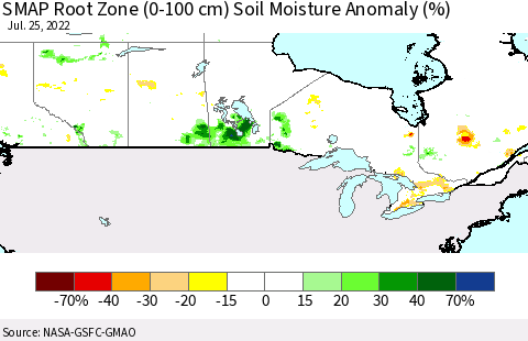 Canada SMAP Root Zone (0-100 cm) Soil Moisture Anomaly (%) Thematic Map For 7/21/2022 - 7/25/2022