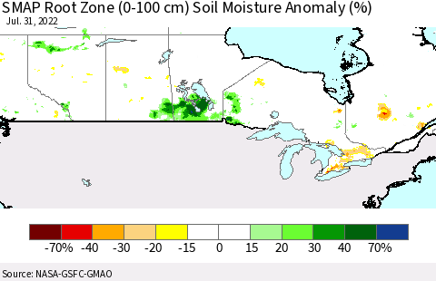 Canada SMAP Root Zone (0-100 cm) Soil Moisture Anomaly (%) Thematic Map For 7/26/2022 - 7/31/2022