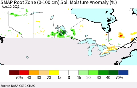 Canada SMAP Root Zone (0-100 cm) Soil Moisture Anomaly (%) Thematic Map For 8/6/2022 - 8/10/2022