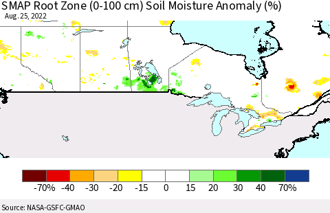 Canada SMAP Root Zone (0-100 cm) Soil Moisture Anomaly (%) Thematic Map For 8/21/2022 - 8/25/2022
