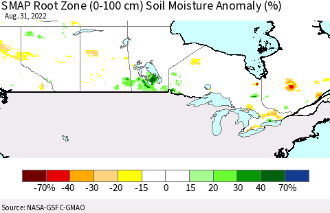 Canada SMAP Root Zone (0-100 cm) Soil Moisture Anomaly (%) Thematic Map For 8/26/2022 - 8/31/2022
