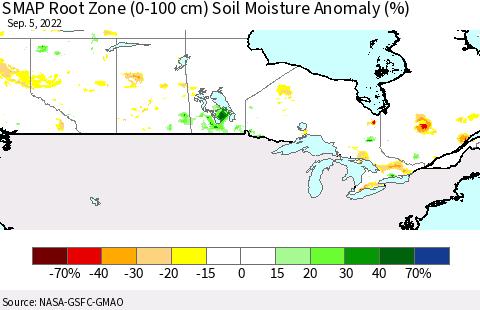 Canada SMAP Root Zone (0-100 cm) Soil Moisture Anomaly (%) Thematic Map For 9/1/2022 - 9/5/2022