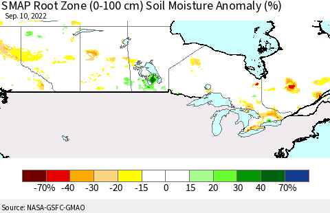Canada SMAP Root Zone (0-100 cm) Soil Moisture Anomaly (%) Thematic Map For 9/6/2022 - 9/10/2022