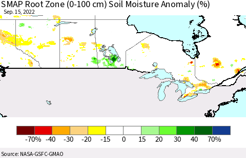 Canada SMAP Root Zone (0-100 cm) Soil Moisture Anomaly (%) Thematic Map For 9/11/2022 - 9/15/2022
