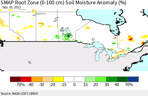 Canada SMAP Root Zone (0-100 cm) Soil Moisture Anomaly (%) Thematic Map For 9/16/2022 - 9/20/2022