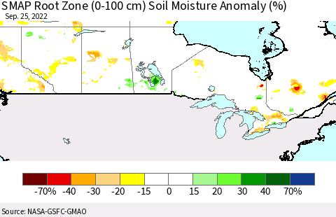 Canada SMAP Root Zone (0-100 cm) Soil Moisture Anomaly (%) Thematic Map For 9/21/2022 - 9/25/2022