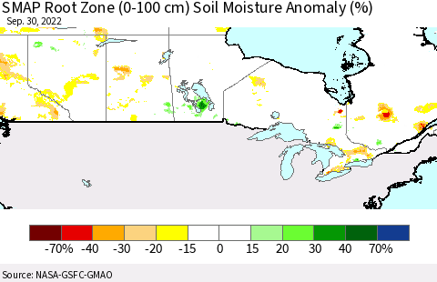 Canada SMAP Root Zone (0-100 cm) Soil Moisture Anomaly (%) Thematic Map For 9/26/2022 - 9/30/2022