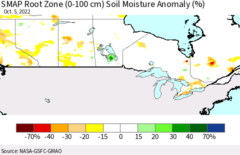 Canada SMAP Root Zone (0-100 cm) Soil Moisture Anomaly (%) Thematic Map For 10/1/2022 - 10/5/2022