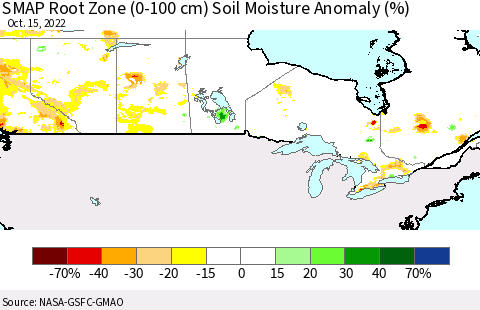 Canada SMAP Root Zone (0-100 cm) Soil Moisture Anomaly (%) Thematic Map For 10/11/2022 - 10/15/2022