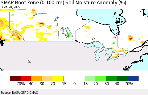 Canada SMAP Root Zone (0-100 cm) Soil Moisture Anomaly (%) Thematic Map For 10/16/2022 - 10/20/2022