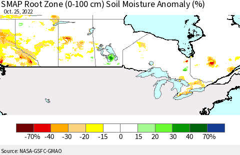 Canada SMAP Root Zone (0-100 cm) Soil Moisture Anomaly (%) Thematic Map For 10/21/2022 - 10/25/2022