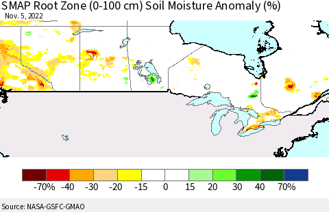 Canada SMAP Root Zone (0-100 cm) Soil Moisture Anomaly (%) Thematic Map For 11/1/2022 - 11/5/2022
