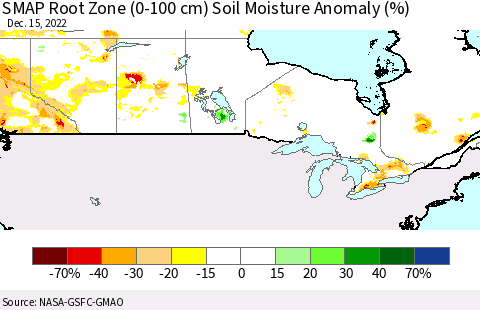 Canada SMAP Root Zone (0-100 cm) Soil Moisture Anomaly (%) Thematic Map For 12/11/2022 - 12/15/2022
