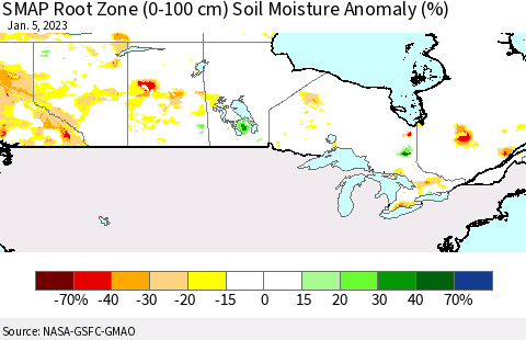 Canada SMAP Root Zone (0-100 cm) Soil Moisture Anomaly (%) Thematic Map For 1/1/2023 - 1/5/2023