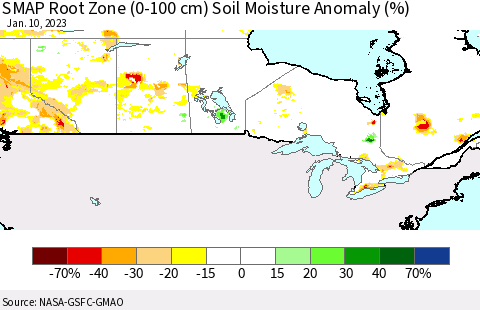 Canada SMAP Root Zone (0-100 cm) Soil Moisture Anomaly (%) Thematic Map For 1/6/2023 - 1/10/2023