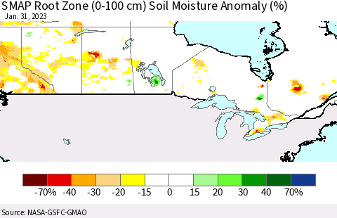 Canada SMAP Root Zone (0-100 cm) Soil Moisture Anomaly (%) Thematic Map For 1/26/2023 - 1/31/2023