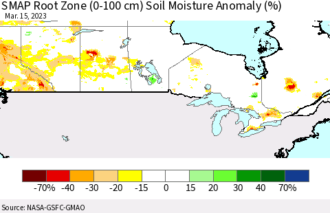 Canada SMAP Root Zone (0-100 cm) Soil Moisture Anomaly (%) Thematic Map For 3/11/2023 - 3/15/2023