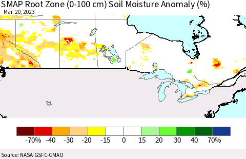 Canada SMAP Root Zone (0-100 cm) Soil Moisture Anomaly (%) Thematic Map For 3/16/2023 - 3/20/2023
