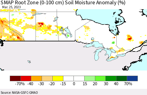 Canada SMAP Root Zone (0-100 cm) Soil Moisture Anomaly (%) Thematic Map For 3/21/2023 - 3/25/2023