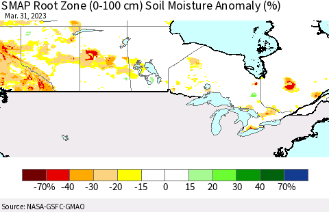 Canada SMAP Root Zone (0-100 cm) Soil Moisture Anomaly (%) Thematic Map For 3/26/2023 - 3/31/2023
