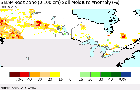Canada SMAP Root Zone (0-100 cm) Soil Moisture Anomaly (%) Thematic Map For 4/1/2023 - 4/5/2023