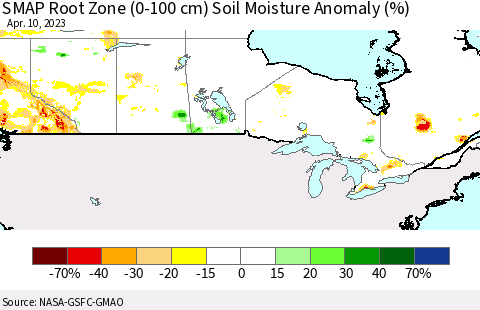 Canada SMAP Root Zone (0-100 cm) Soil Moisture Anomaly (%) Thematic Map For 4/6/2023 - 4/10/2023