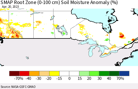 Canada SMAP Root Zone (0-100 cm) Soil Moisture Anomaly (%) Thematic Map For 4/16/2023 - 4/20/2023