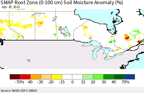 Canada SMAP Root Zone (0-100 cm) Soil Moisture Anomaly (%) Thematic Map For 4/26/2023 - 4/30/2023