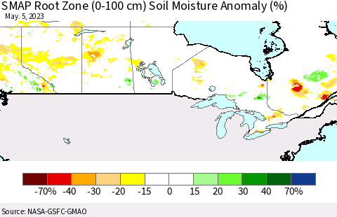Canada SMAP Root Zone (0-100 cm) Soil Moisture Anomaly (%) Thematic Map For 5/1/2023 - 5/5/2023